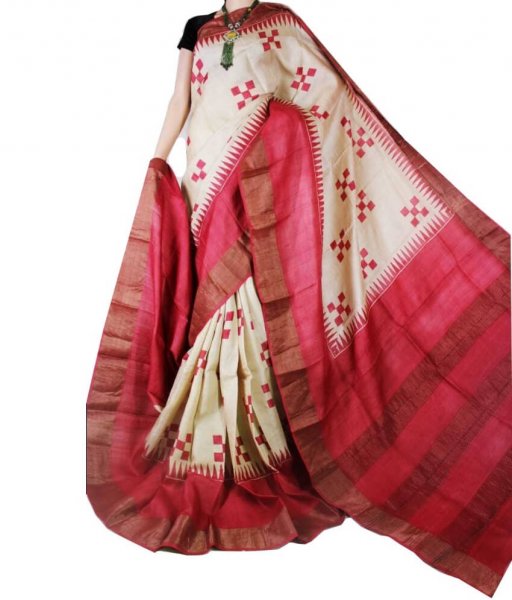 Cream &amp; Red Block Printed Zari Tussar Silk Saree